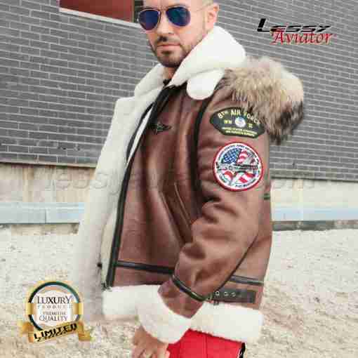 Bomber B3 WWII Shearling Hooded Edition Brown B-25 Mitchell - Image 8